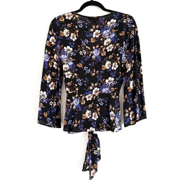 Amour Vert Floral Print Silk Blouse Top V Neck Waist Wrap Long Bell Slv - Picture 2 of 12